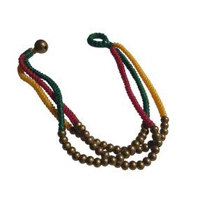 Rasta Colors Woven Rope Bracelet Multistrand Brass Bead Accents Green Red Yellow